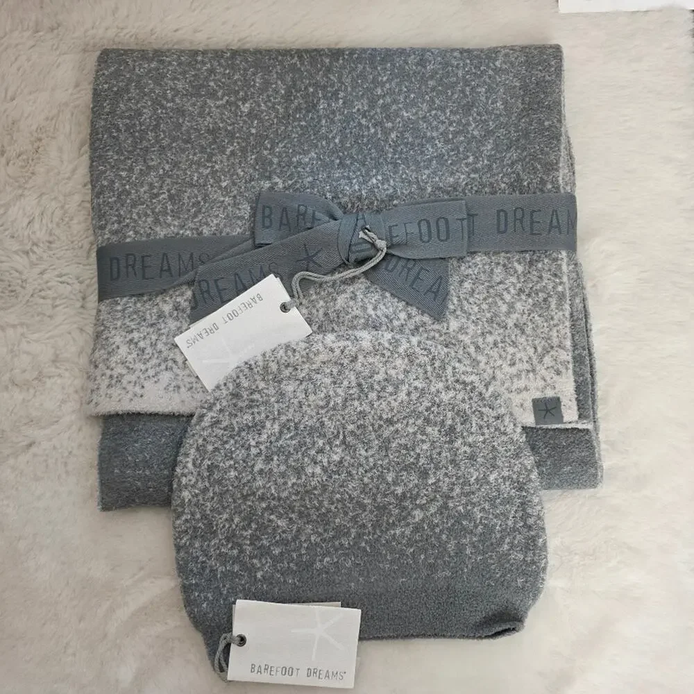 Barefoot Dreams CozyChic Lite Confetti Scarf Beanie Set Smokey Green Gray NWT